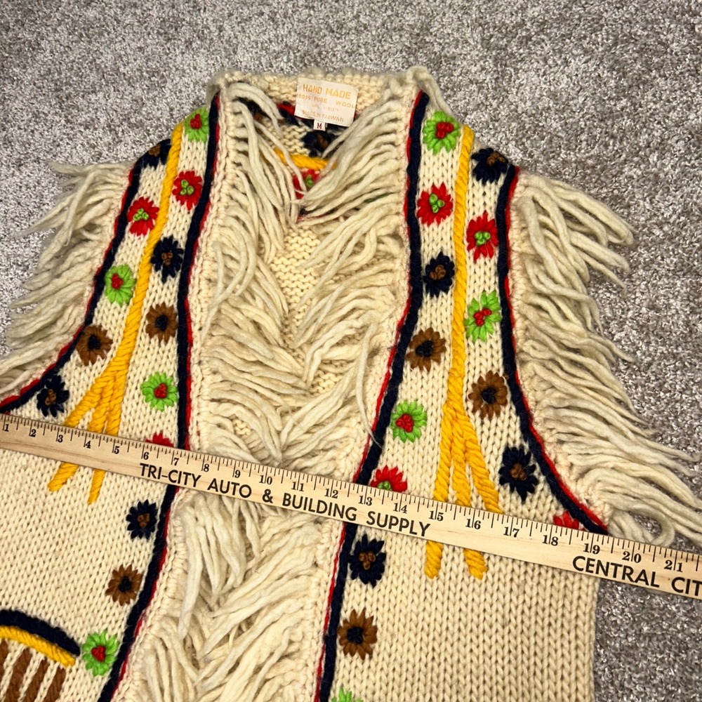 Vintage Hand Knit Fringe Wool Cardigan Vest 60s Boho Hippy Flowers Women Medium - Picture 3 of 10